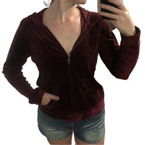Style &co burgundy velvet zip up hoodie with sequins